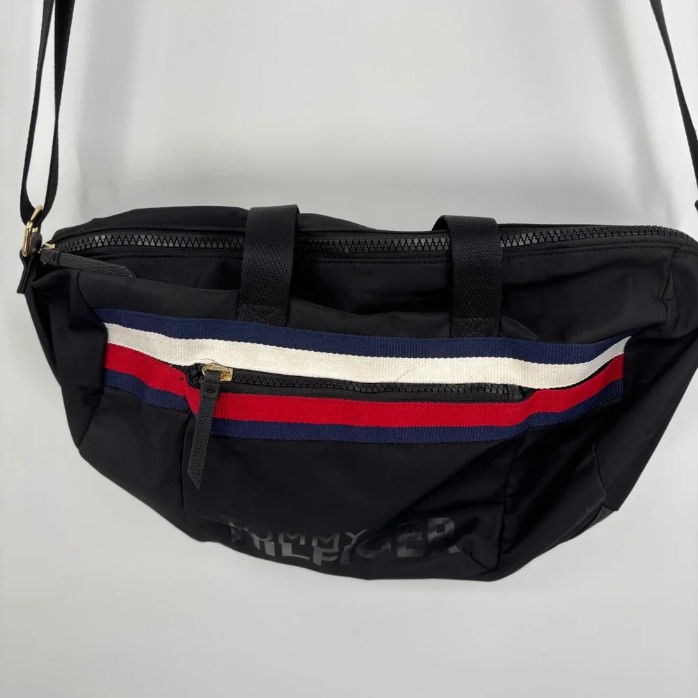 Tommy Hilfiger Black Nylon Messenger Crossbody Bag‎ Red White Blue Stripe Logo